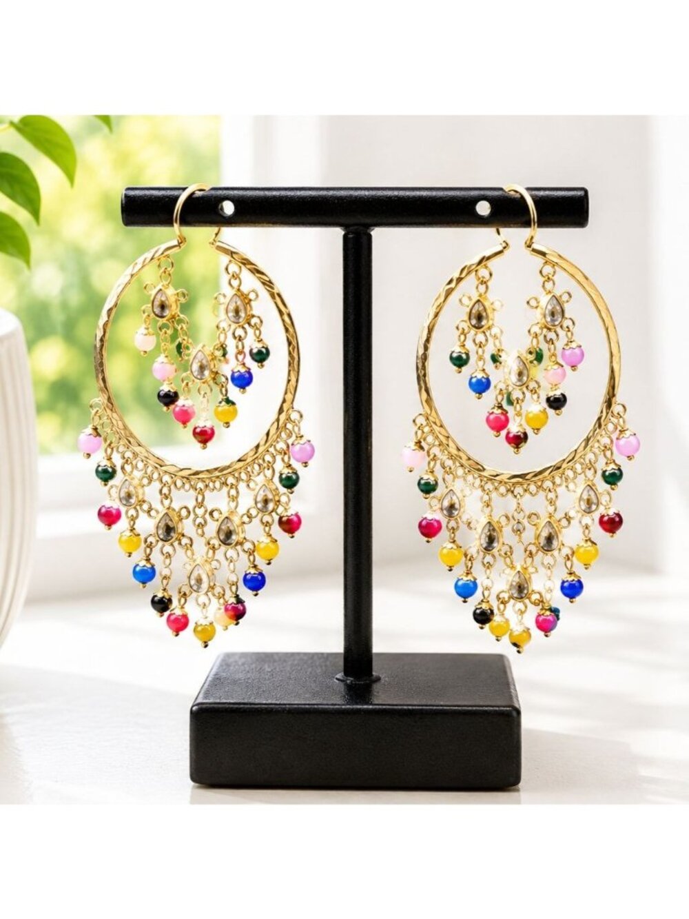 Gold-Tone Chandelier Hoop Earrings With Multicolor Beads & Rhinestones 3.5" Drop